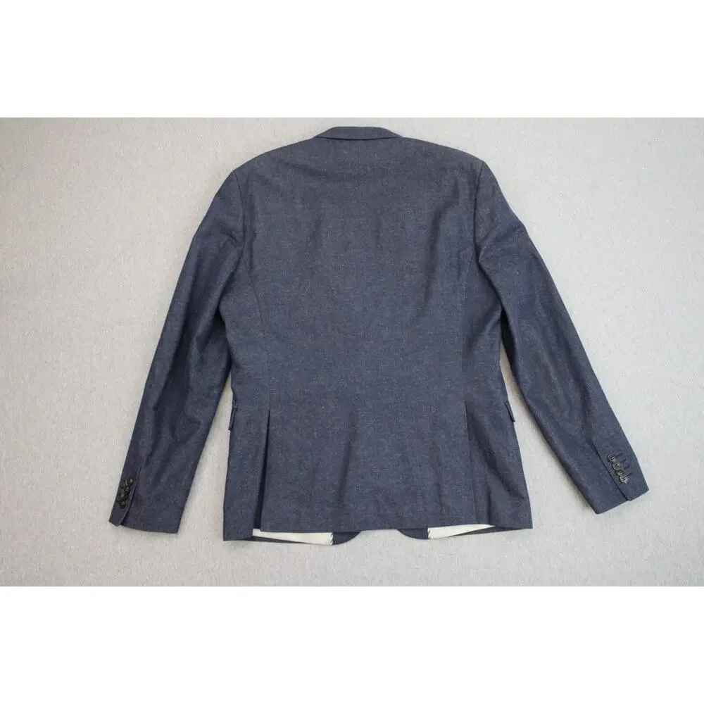 H&M Blazer Mens 42R Blue Cotton Linen Blend Single-Breasted 2-Buttons Lined